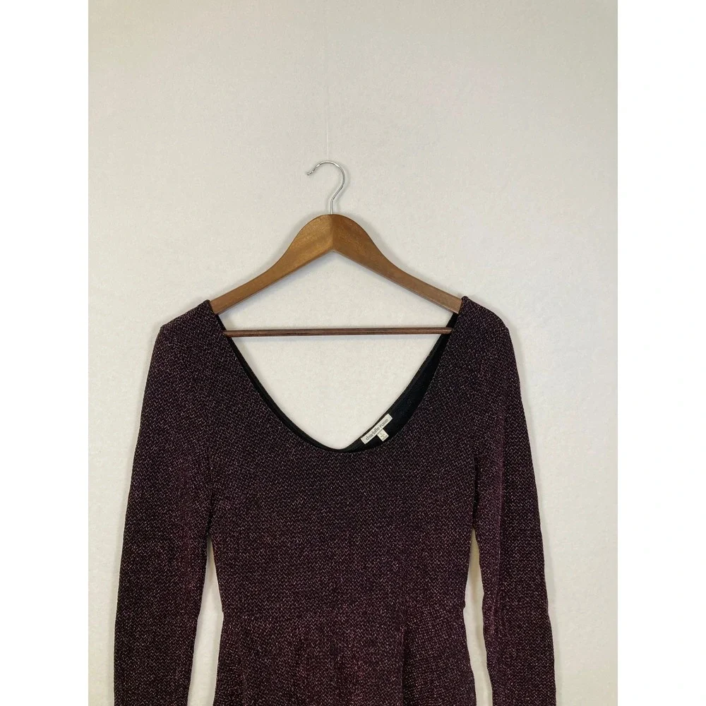 Charlotte Russe‎ Womens Metallic Burgundy Skater Dress Long Sleeve V-Neck L